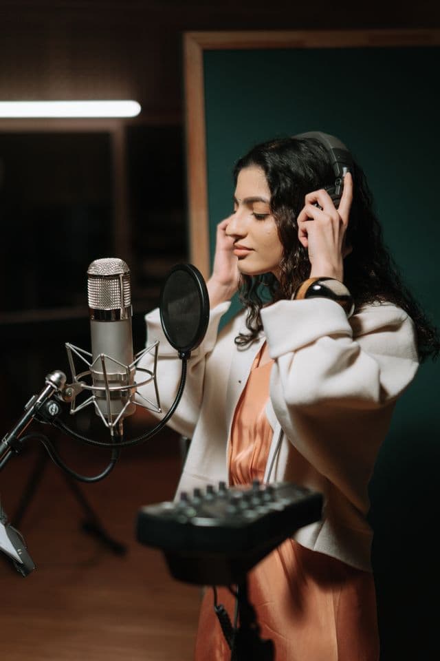 Siswa vokal berlatih rekaman di studio